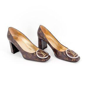 Louis Vuitton Madeleine LV Brown Monogram Canvas Pumps Block Heel Size 38 US 8